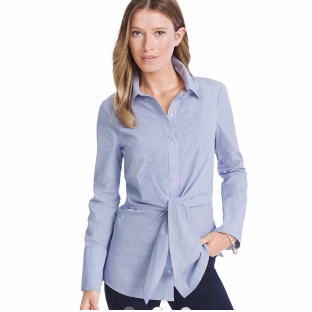 White House Black Market Blue Stripe Front Tie Buttoned Down Stretch Shirt.